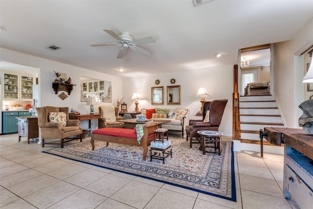 1467 Limerick Ct, Keller, TX 76262 - living room featuring a ceiling fan, light tile patterned floors, and stairs