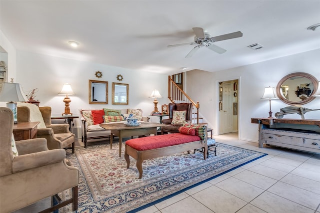 1467 Limerick Ct, Keller, TX 76262 - living room featuring a ceiling fan, light tile patterned floors, and stairway