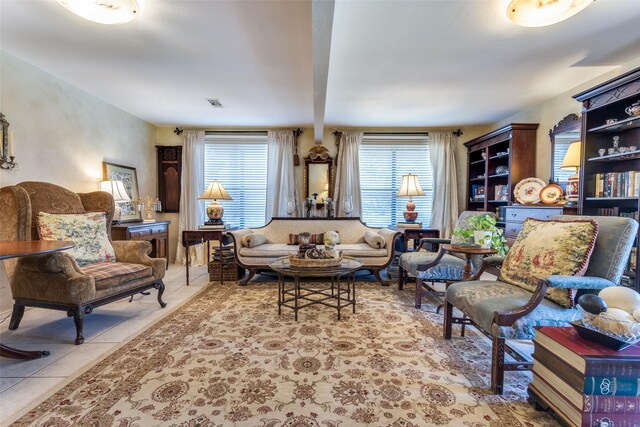 1467 Limerick Ct, Keller, TX 76262 - living area with tile patterned floors and beamed ceiling
