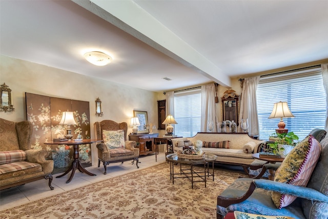 1467 Limerick Ct, Keller, TX 76262 - tiled living area with beamed ceiling