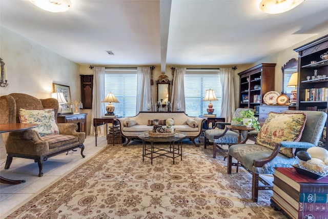1467 Limerick Ct, Keller, TX 76262 - tiled living area featuring beamed ceiling