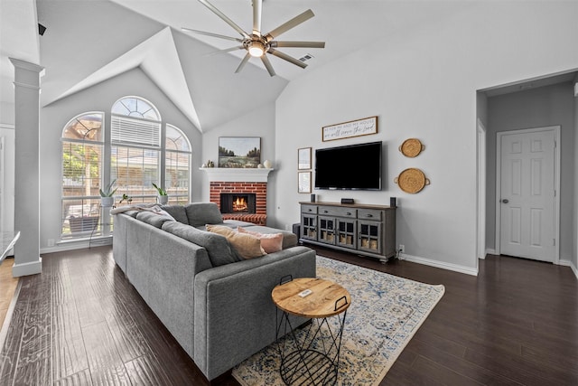 712 Saint Robby Dr, Mansfield, TX 76063 - living area featuring ceiling fan, a fireplace, dark wood-style floors, vaulted ceiling, and baseboards