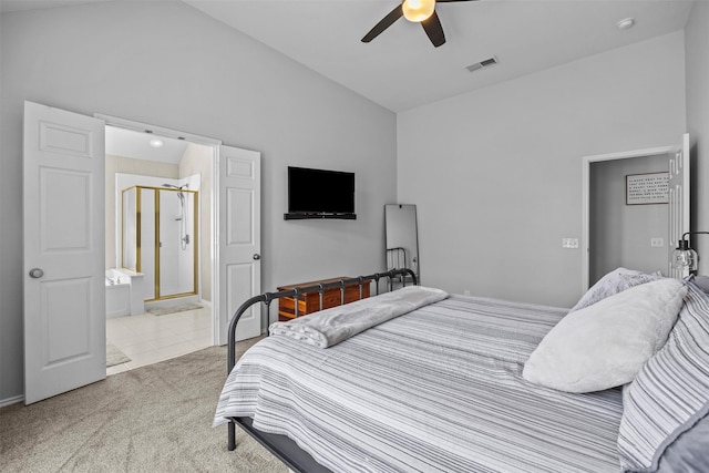 712 Saint Robby Dr, Mansfield, TX 76063 - tiled bedroom with carpet floors, high vaulted ceiling, connected bathroom, and ceiling fan