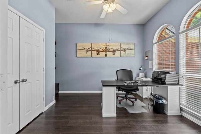 712 Saint Robby Dr, Mansfield, TX 76063 - office space featuring baseboards, a ceiling fan, and dark wood-type flooring