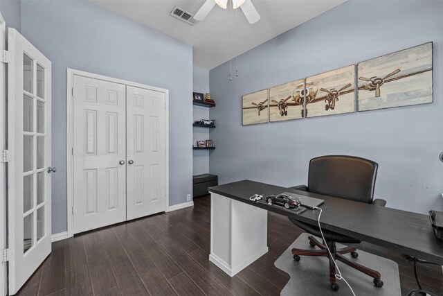 712 Saint Robby Dr, Mansfield, TX 76063 - home office with dark wood finished floors, ceiling fan, and baseboards