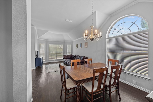 712 Saint Robby Dr, Mansfield, TX 76063 - dining room with lofted ceiling, plenty of natural light, baseboards, a chandelier, and dark wood-style flooring