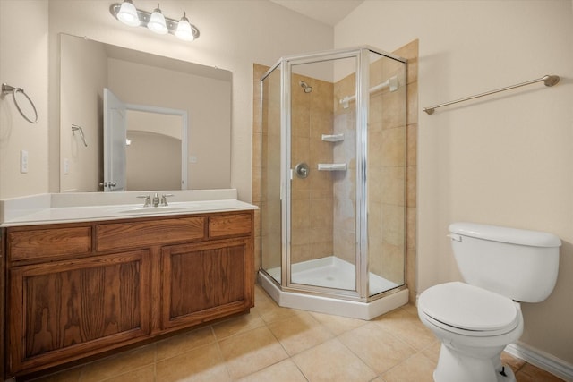 700 Sage Brush Dr, Weatherford, TX 76087 - bathroom with toilet, vanity, a stall shower, and tile patterned floors