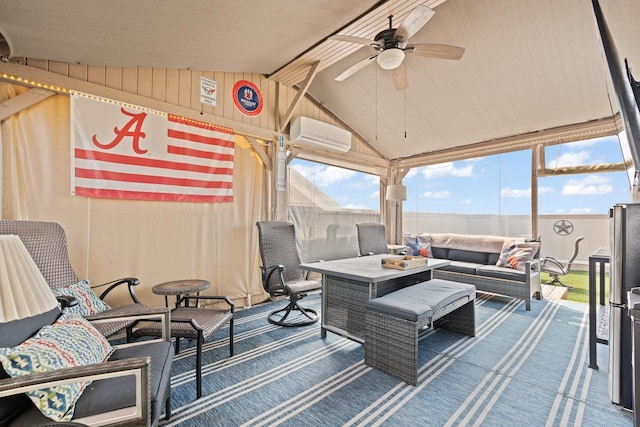706 E 1st St, Fort Worth, TX 76102 - sunroom / solarium with ceiling fan, outdoor lounge area, lofted ceiling, and a wall mounted air conditioner