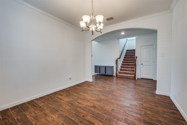 11812 Patton Dr, Frisco, TX 75036 - unfurnished room featuring arched walkways, ornamental molding, a chandelier, stairway, and baseboards