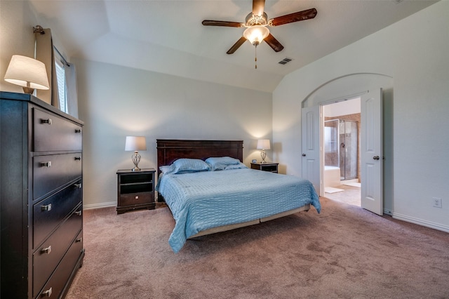 11812 Patton Dr, Frisco, TX 75036 - carpeted bedroom featuring baseboards, lofted ceiling, ensuite bathroom, and a ceiling fan