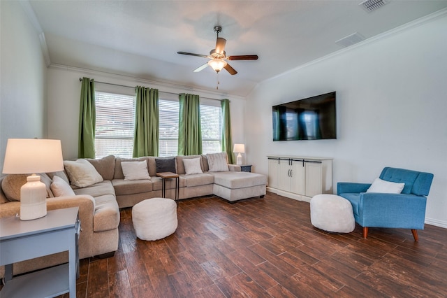 11812 Patton Dr, Frisco, TX 75036 - living room with ornamental molding, ceiling fan, wood finished floors, and baseboards