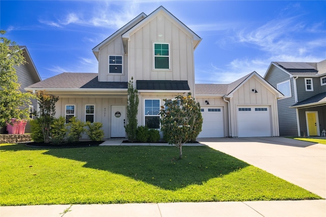 4721 Dry Creek Rd, Sherman, TX 75092 - modern farmhouse style home with board and batten siding, driveway, a garage, a front yard, and a shingled roof