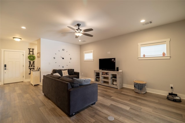 4721 Dry Creek Rd, Sherman, TX 75092 - living room with a ceiling fan, baseboards, dark wood-style floors, and recessed lighting