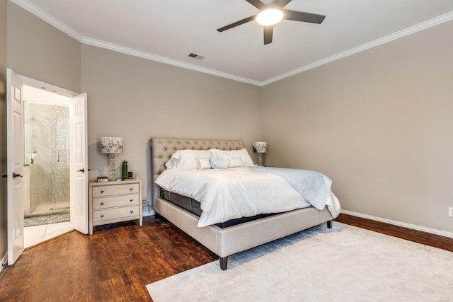 6637 Oakmont Ct, Plano, TX 75093 - bedroom with wood finished floors, crown molding, baseboards, ensuite bathroom, and a ceiling fan