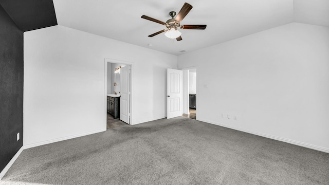 353 Paloma St, Weatherford, TX 76087 - unfurnished bedroom with vaulted ceiling, carpet flooring, baseboards, ensuite bathroom, and a ceiling fan