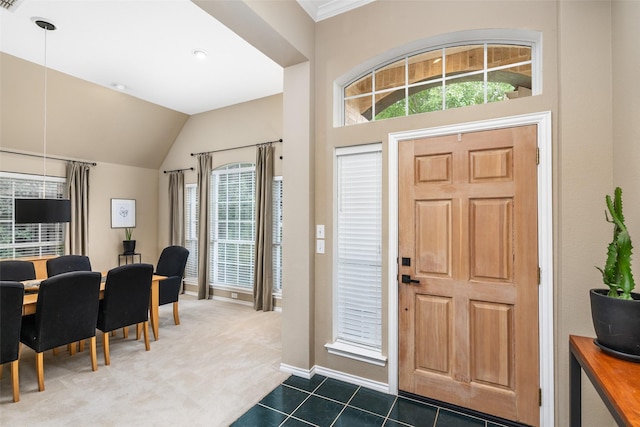 110 San Mateo Ct, Allen, TX 75013 - entrance foyer with dark carpet, vaulted ceiling, baseboards, and dark tile patterned flooring