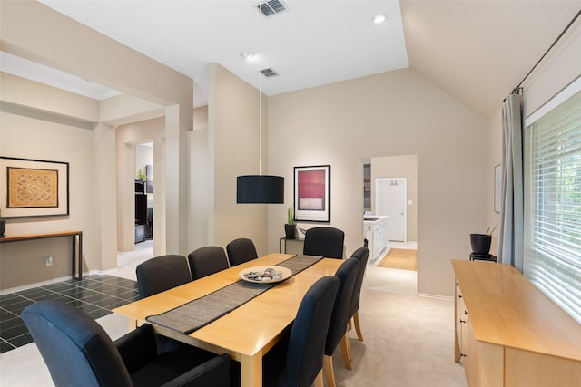 110 San Mateo Ct, Allen, TX 75013 - dining space with lofted ceiling, light colored carpet, and baseboards