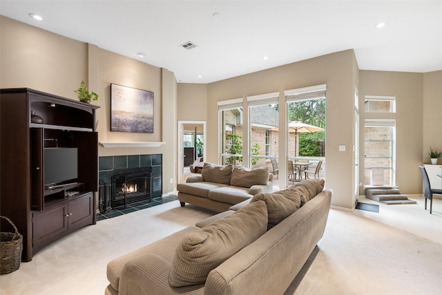 110 San Mateo Ct, Allen, TX 75013 - living room featuring light colored carpet, recessed lighting, and a fireplace