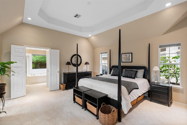 110 San Mateo Ct, Allen, TX 75013 - bedroom featuring lofted ceiling, light colored carpet, recessed lighting, baseboards, and ensuite bath