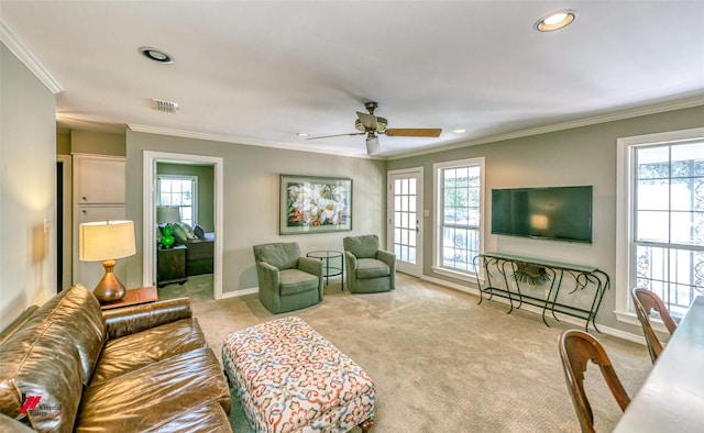 3909 Creswell Ave, Shreveport, LA 71106 - carpeted living area with ornamental molding, baseboards, a ceiling fan, and recessed lighting