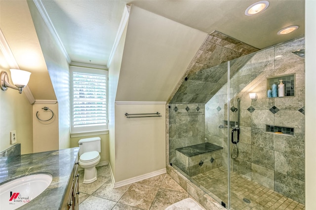 3909 Creswell Ave, Shreveport, LA 71106 - full bathroom with crown molding, vanity, toilet, baseboards, and a shower stall