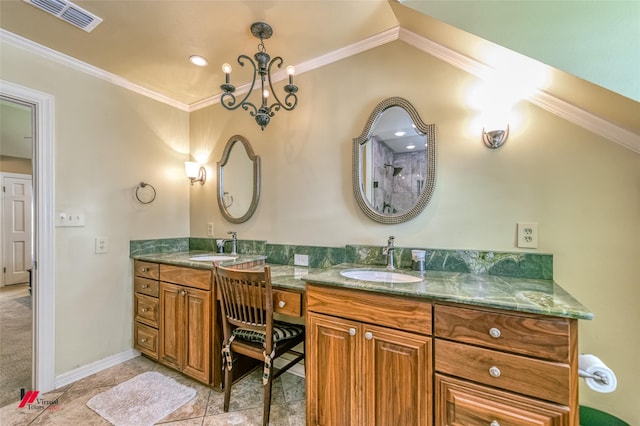 3909 Creswell Ave, Shreveport, LA 71106 - bathroom with double vanity, ornamental molding, tiled shower, and baseboards