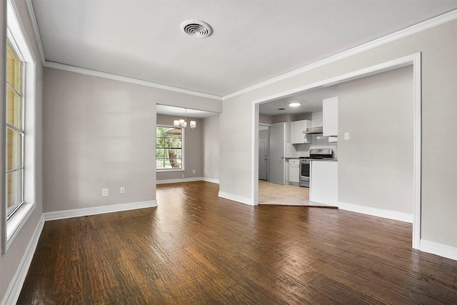 11022 Desdemona Dr, Dallas, TX 75228 - unfurnished living room featuring a chandelier, ornamental molding, wood finished floors, and baseboards