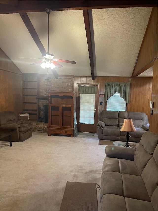 6320 Bocage Dr, Shreveport, LA 71119 - living room with a brick fireplace, a ceiling fan, wooden walls, and light colored carpet