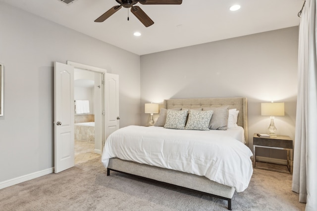 275 Casa Blanca Ave, Fort Worth, TX 76107 - bedroom featuring carpet flooring, recessed lighting, baseboards, a ceiling fan, and ensuite bath