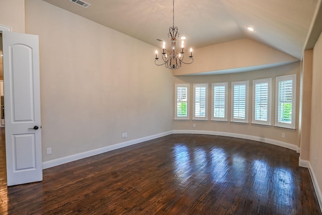 2230 Lewis Canyon Dr, Prosper, TX 75078 - unfurnished room with a chandelier, dark wood-type flooring, lofted ceiling, baseboards, and recessed lighting