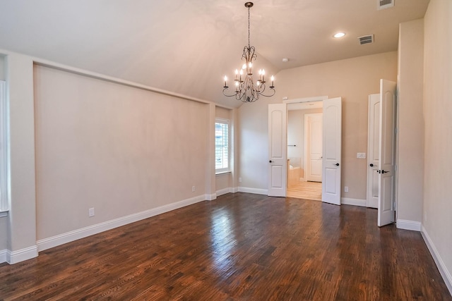 2230 Lewis Canyon Dr, Prosper, TX 75078 - empty room featuring a chandelier, dark wood-style flooring, baseboards, lofted ceiling, and recessed lighting