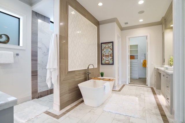 6807 Orchid Ln, Dallas, TX 75230 - full bath with marble tiled flooring, vanity, a soaking tub, ornamental molding, and recessed lighting