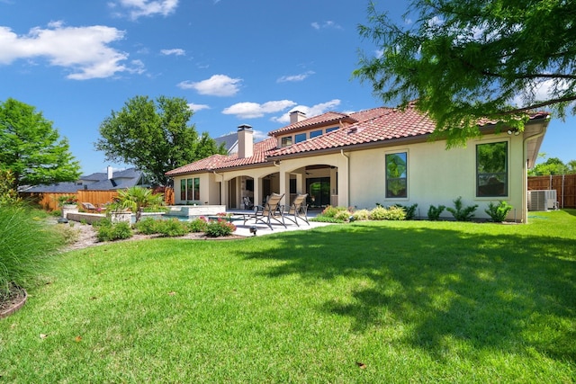 6807 Orchid Ln, Dallas, TX 75230 - rear view of property with a chimney, cooling unit, a patio area, stucco siding, and a tiled roof