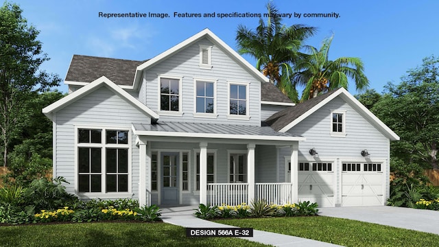 13908 Malinda Dr, Frisco, TX 75033 - view of front of home featuring a porch, a standing seam roof, a garage, a shingled roof, and metal roof