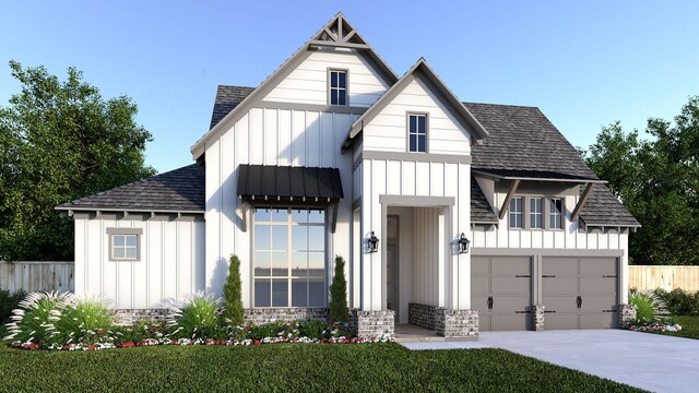 13908 Malinda Dr, Frisco, TX 75033 - modern farmhouse with board and batten siding, roof with shingles, concrete driveway, and a garage