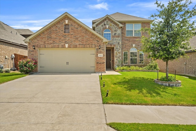 5653 Salt Springs Dr, Fort Worth, TX 76179 - traditional-style home with a front yard, brick siding, concrete driveway, and an attached garage