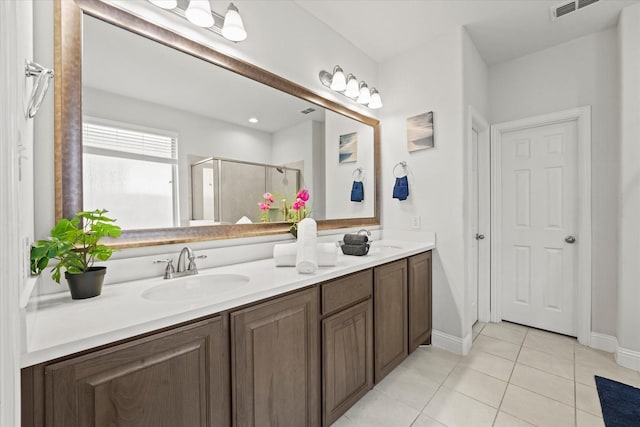 5653 Salt Springs Dr, Fort Worth, TX 76179 - full bath with tile patterned floors, double vanity, a stall shower, and baseboards