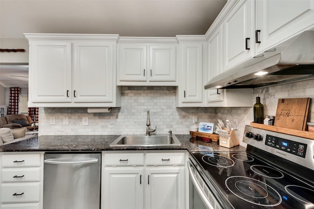 407 W Park Ave, Weatherford, TX 76086 - kitchen with appliances with stainless steel finishes, a sink, under cabinet range hood, and white cabinets