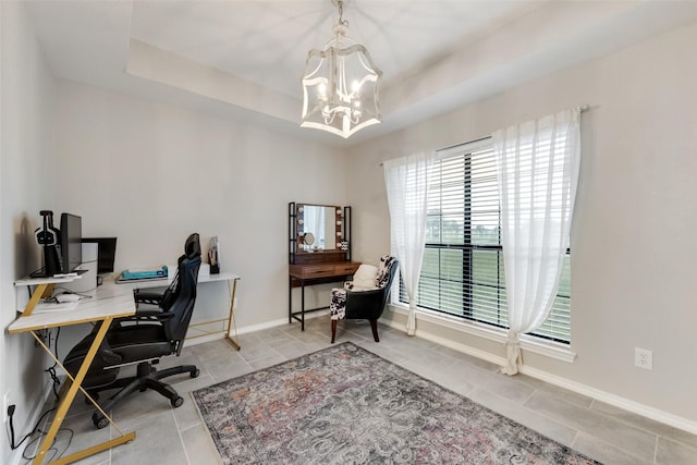 407 W Park Ave, Weatherford, TX 76086 - office area with a chandelier, a raised ceiling, tile patterned flooring, and baseboards