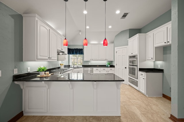 6808 N Oaks Dr, North Richland Hills, TX 76182 - kitchen with a peninsula, a warming drawer, appliances with stainless steel finishes, a sink, and under cabinet range hood