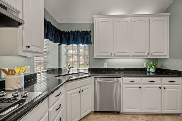 6808 N Oaks Dr, North Richland Hills, TX 76182 - kitchen featuring under cabinet range hood, a sink, appliances with stainless steel finishes, and white cabinetry
