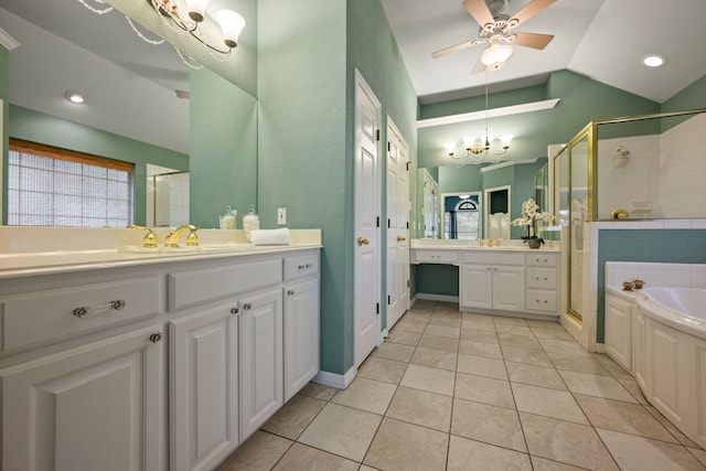 6808 N Oaks Dr, North Richland Hills, TX 76182 - bathroom featuring a stall shower, two vanities, tile patterned floors, a garden tub, and lofted ceiling