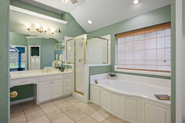 6808 N Oaks Dr, North Richland Hills, TX 76182 - full bathroom with vaulted ceiling, a garden tub, vanity, a shower stall, and tile patterned floors