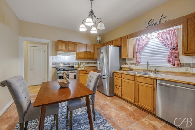 1126 Grand Ave, Abilene, TX 79605 - kitchen with stainless steel appliances, a sink, decorative backsplash, under cabinet range hood, and light countertops