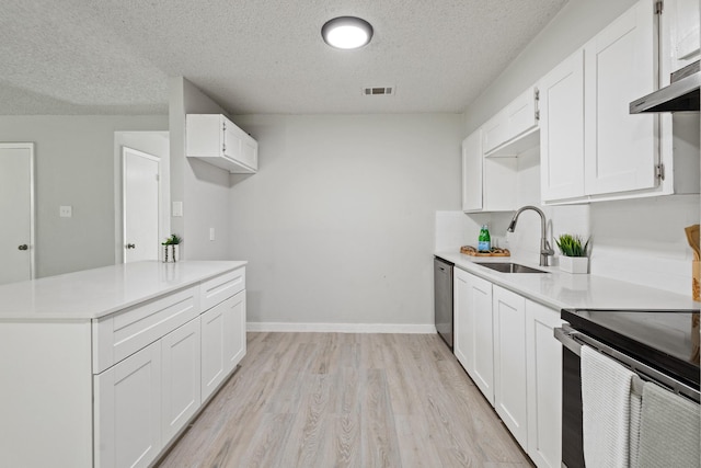6206 Springwood Dr, Arlington, TX 76001 - kitchen featuring a sink, a textured ceiling, light wood finished floors, white cabinetry, and light countertops