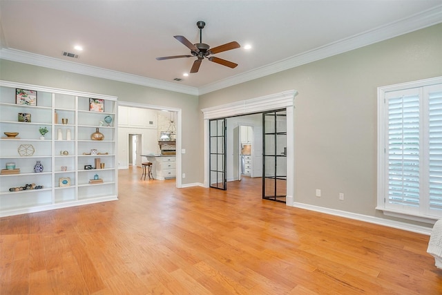 5800 Montford Dr, Colleyville, TX 76034 - unfurnished living room with a ceiling fan, light wood finished floors, ornamental molding, baseboards, and recessed lighting