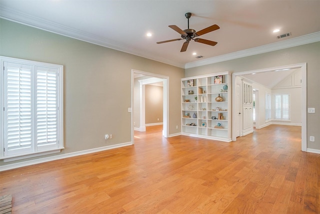 5800 Montford Dr, Colleyville, TX 76034 - unfurnished room featuring ceiling fan, baseboards, light wood-style floors, crown molding, and recessed lighting