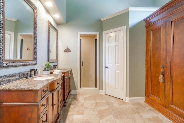 5800 Montford Dr, Colleyville, TX 76034 - full bathroom featuring vanity, baseboards, a shower stall, and crown molding