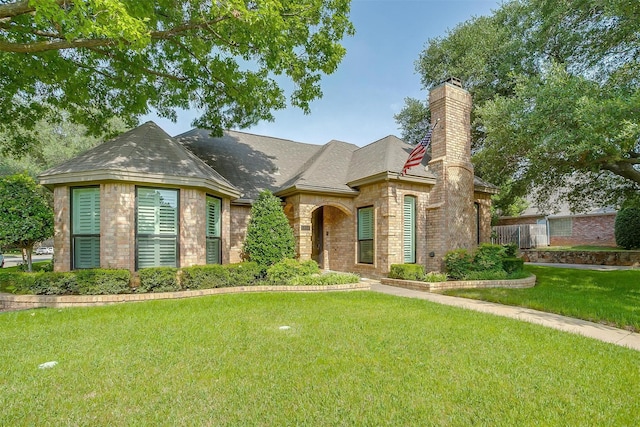 5800 Montford Dr, Colleyville, TX 76034 - view of front of house with a chimney, a front yard, roof with shingles, and stone siding