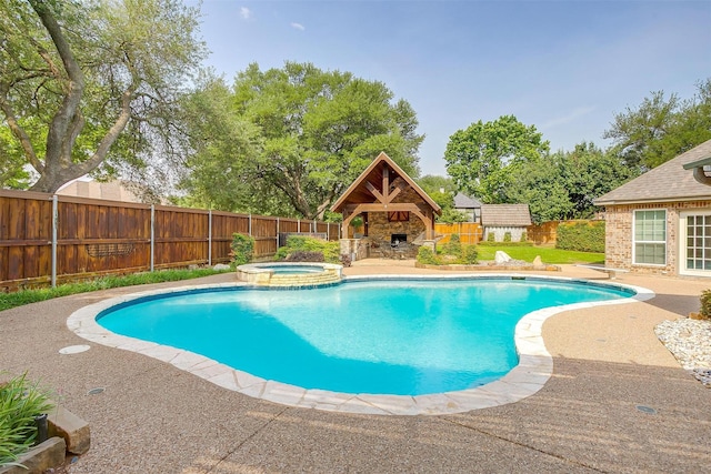 5800 Montford Dr, Colleyville, TX 76034 - view of pool featuring a gazebo, a fenced backyard, a patio, and a pool with connected hot tub